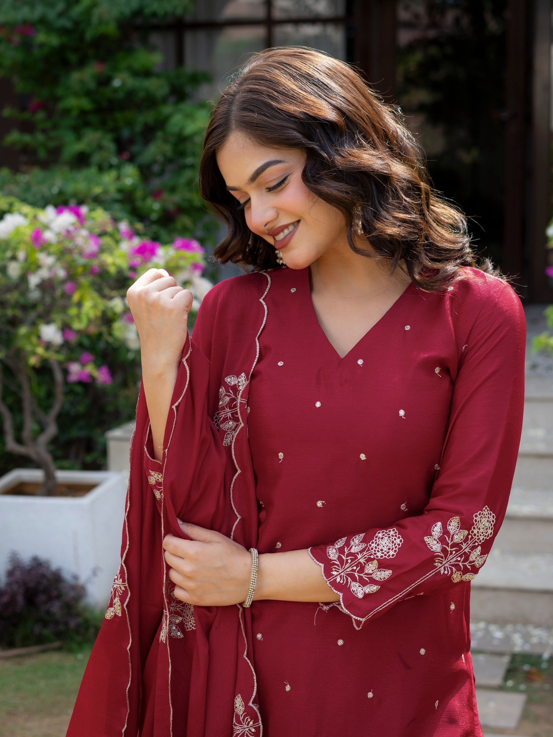 Premium Chinon Embroidered Kurti Set with Dupatta