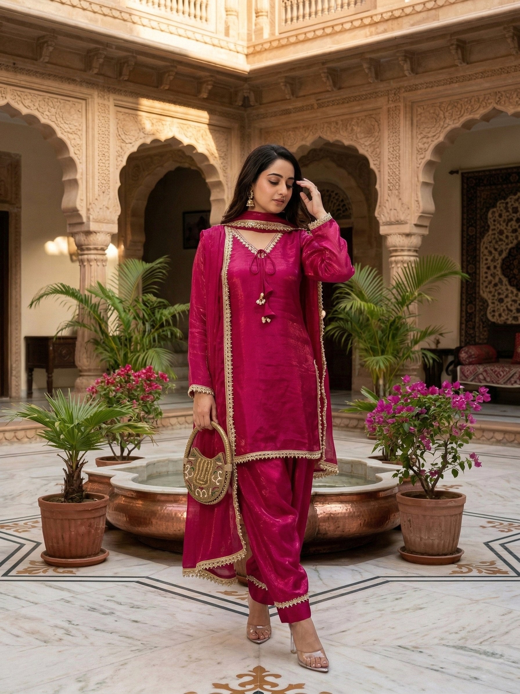 Designer Fendi Satin Mirror & Moti Work Plazo Set with Dupatta