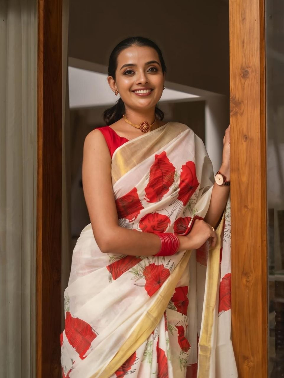 Linen Saree with Gold Jari Border & Digital Print