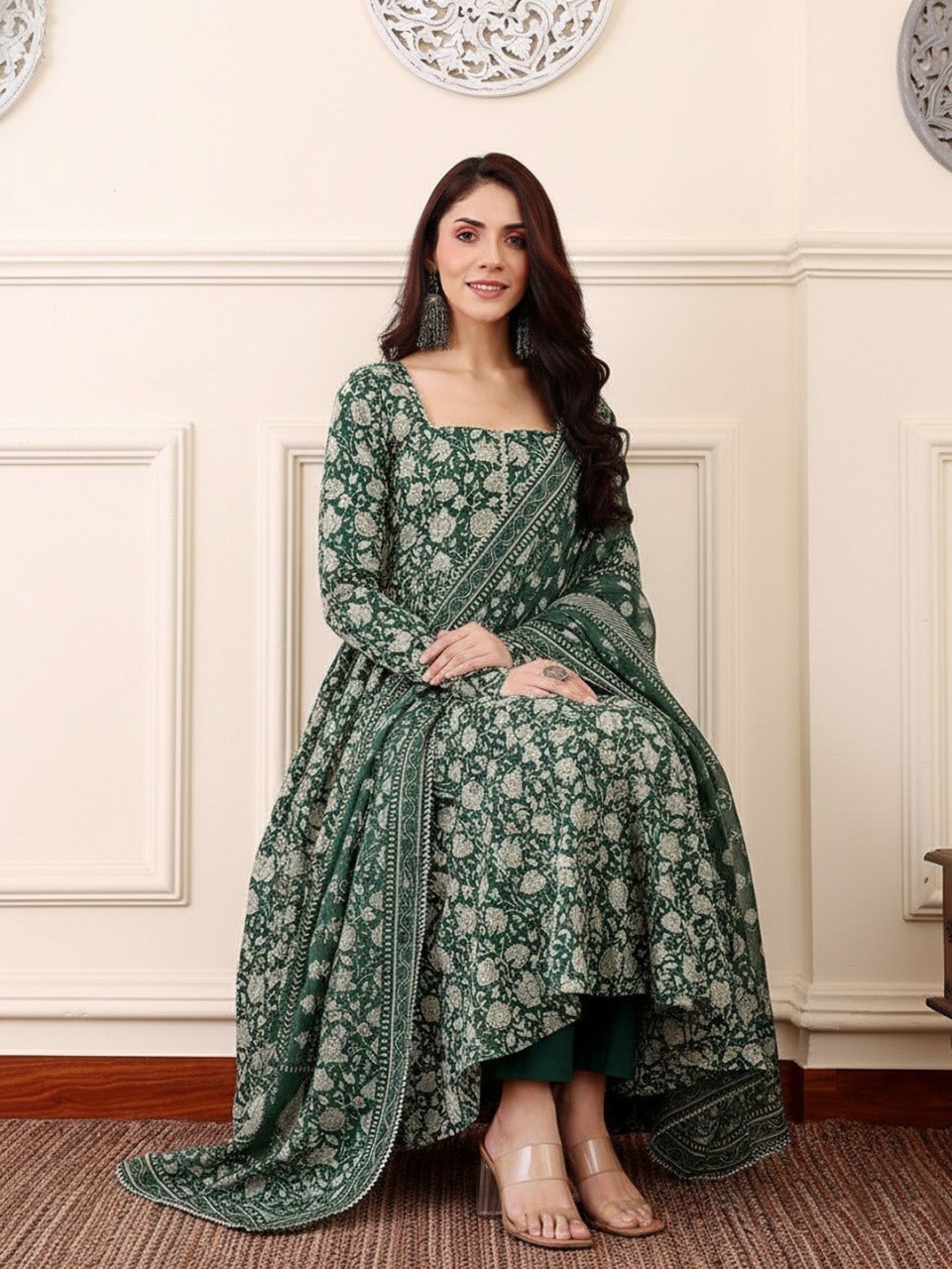 Dark Green Rayon Printed Kurti Set with Pant & Dupatta