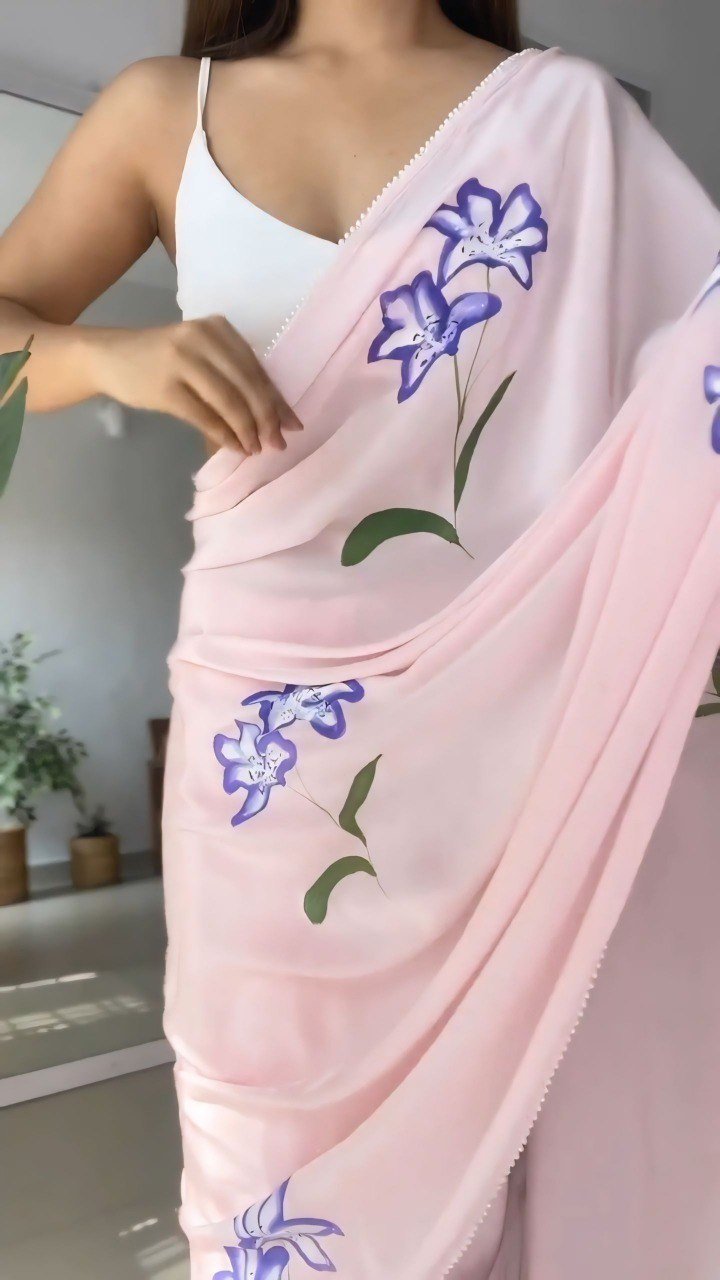 Pink Printed Georgette Ready-to-Wear Saree Set