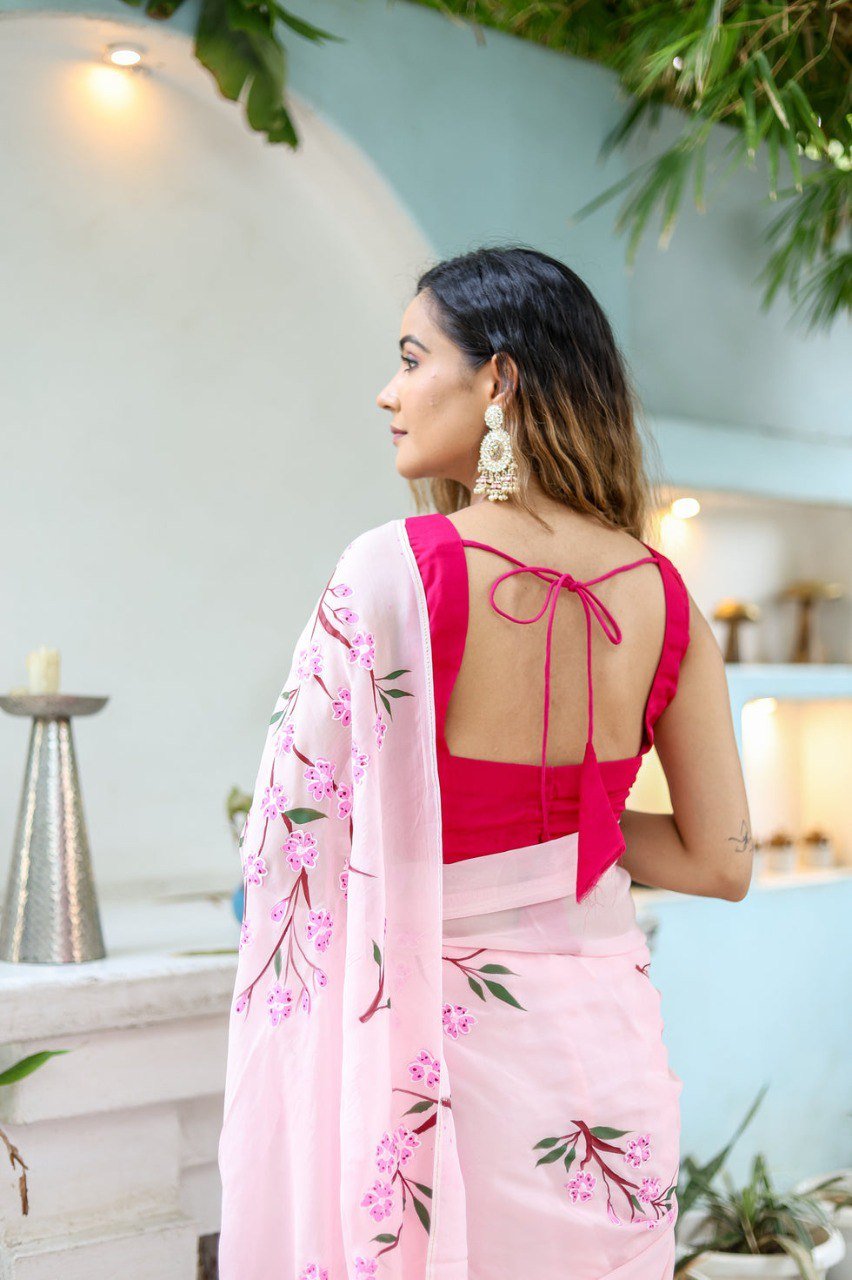 Pink Georgette Printed Ready-to-Wear Saree with Red Unstitched Blouse