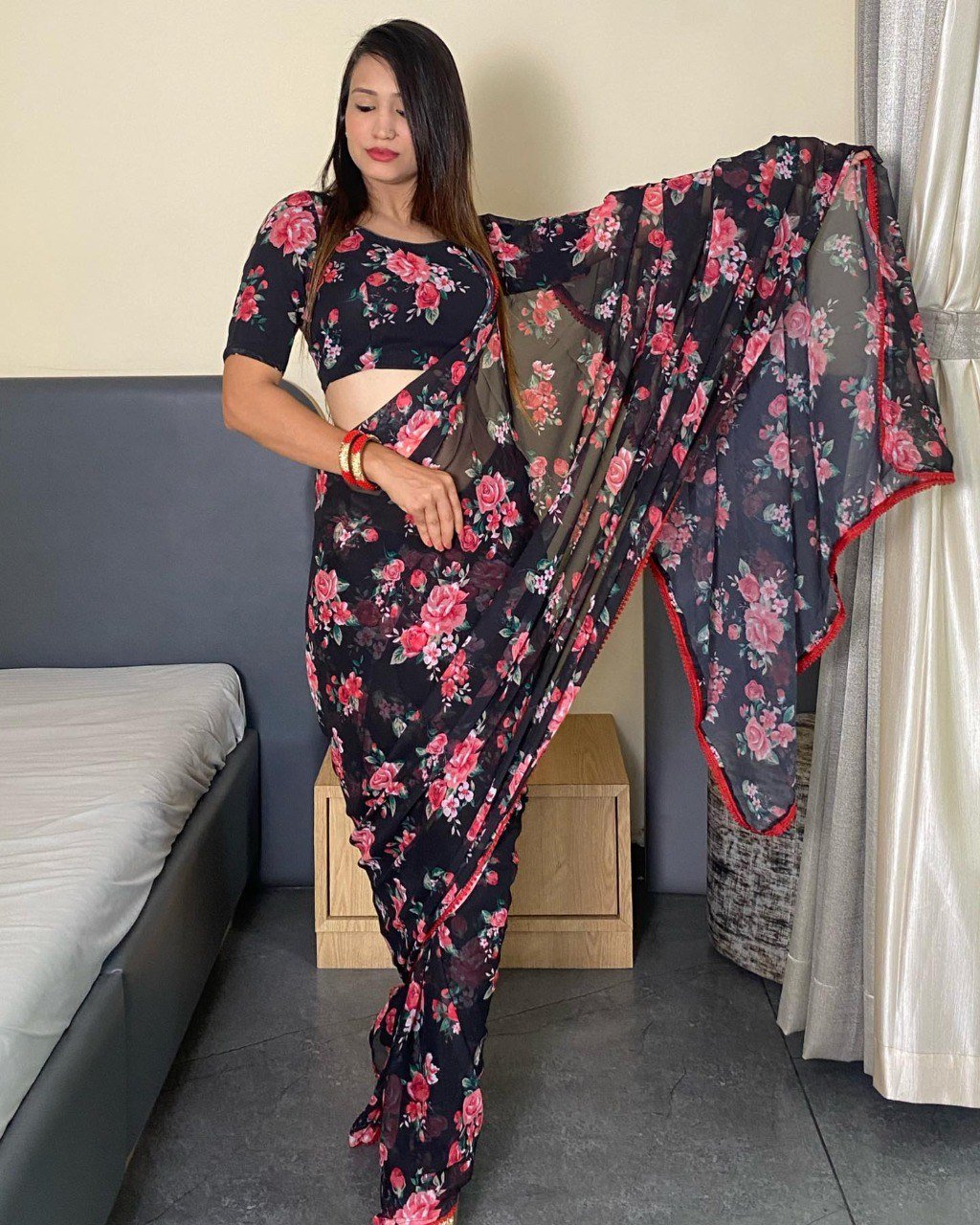 Elegant Black Georgette Printed Saree with Unstitched Silk Blouse