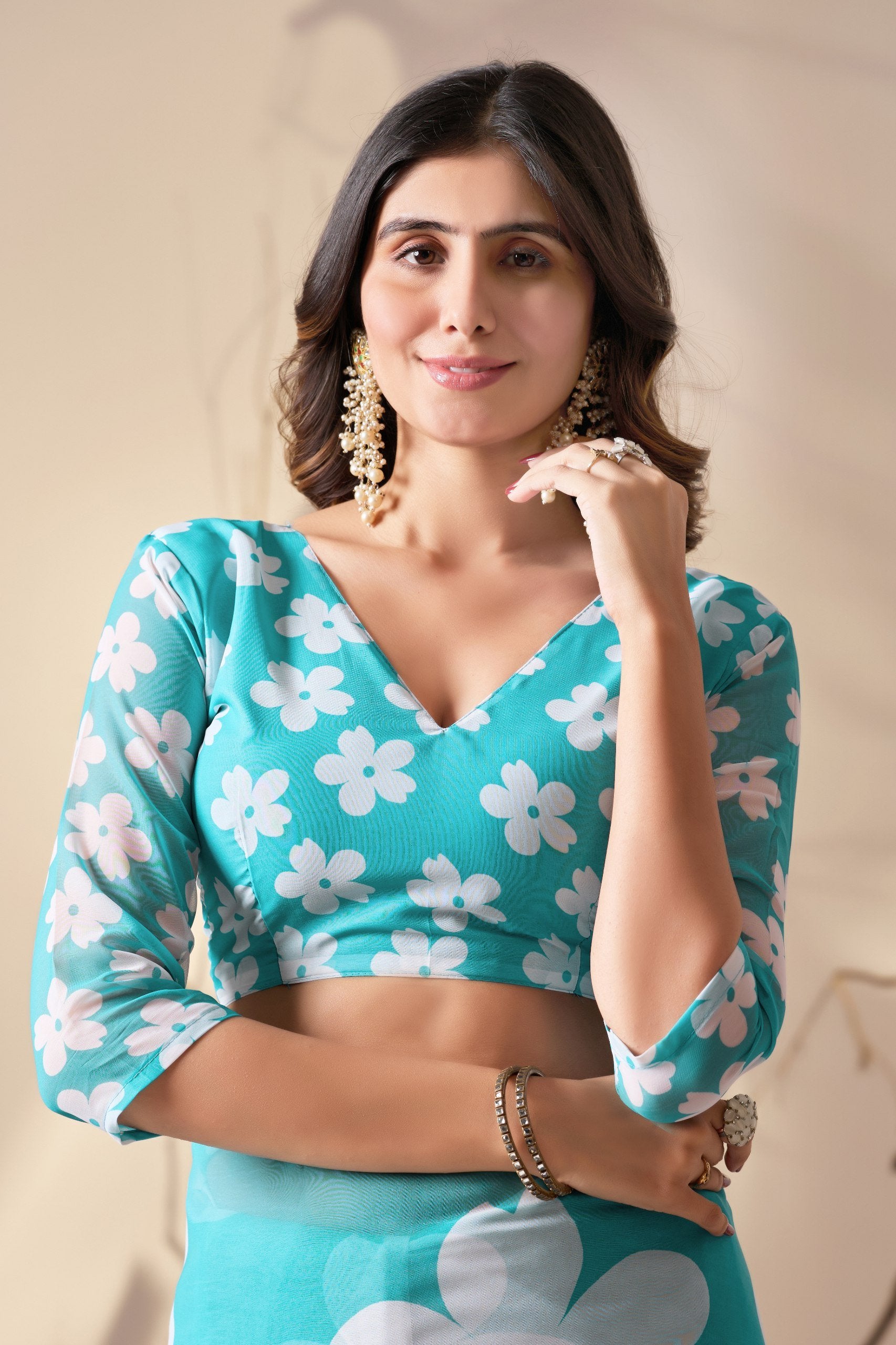 Aqua Bloom Soft Georgette Floral Saree