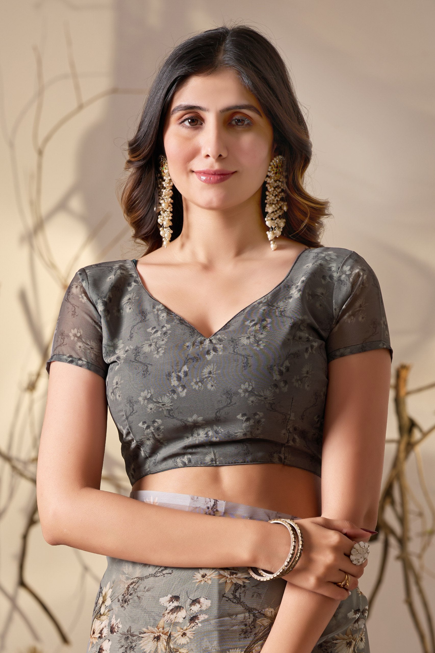 Misty Grey Tribal Bloom Soft Georgette Saree