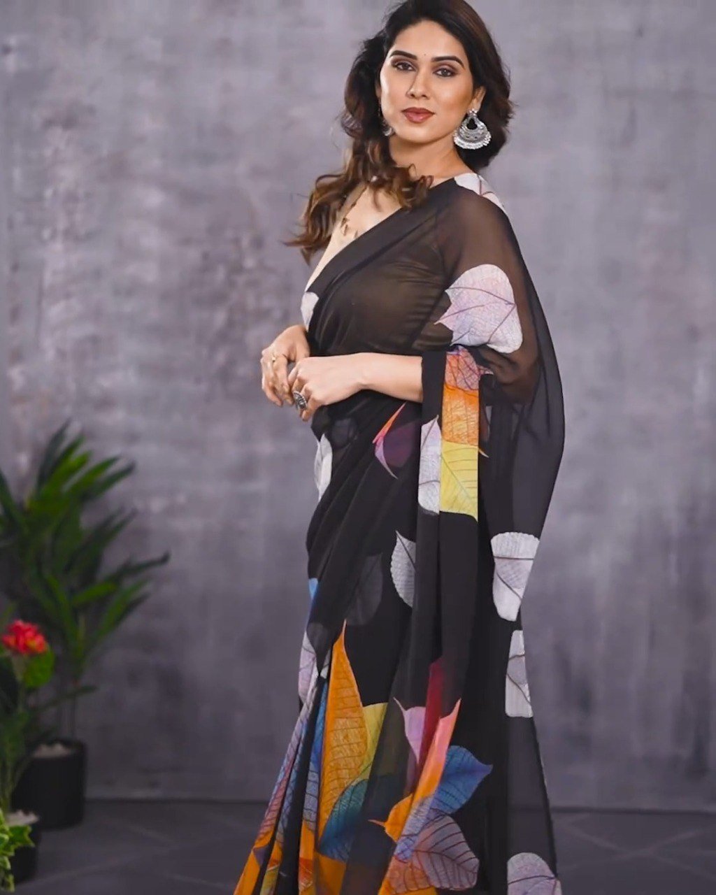 Elegant Black Printed Georgette Saree