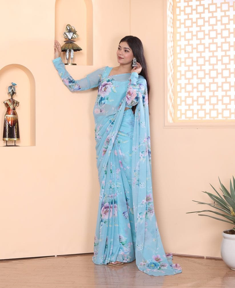 Sky Blue Serenity Georgette Printed Saree