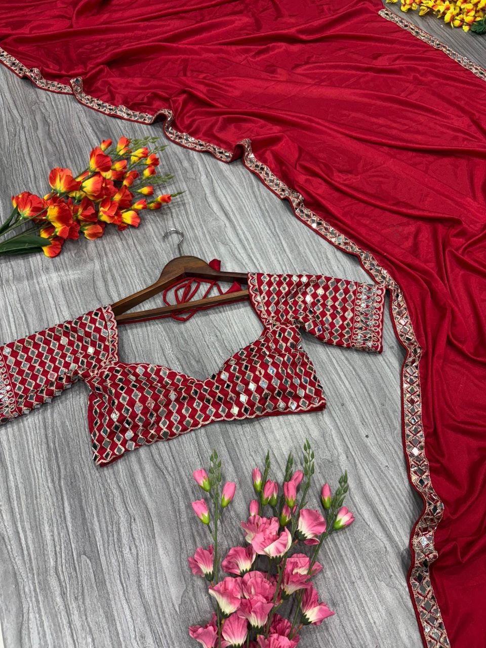 Premium French Crape Silk Saree with Heavy Real Mirror Work & Designer Blouse