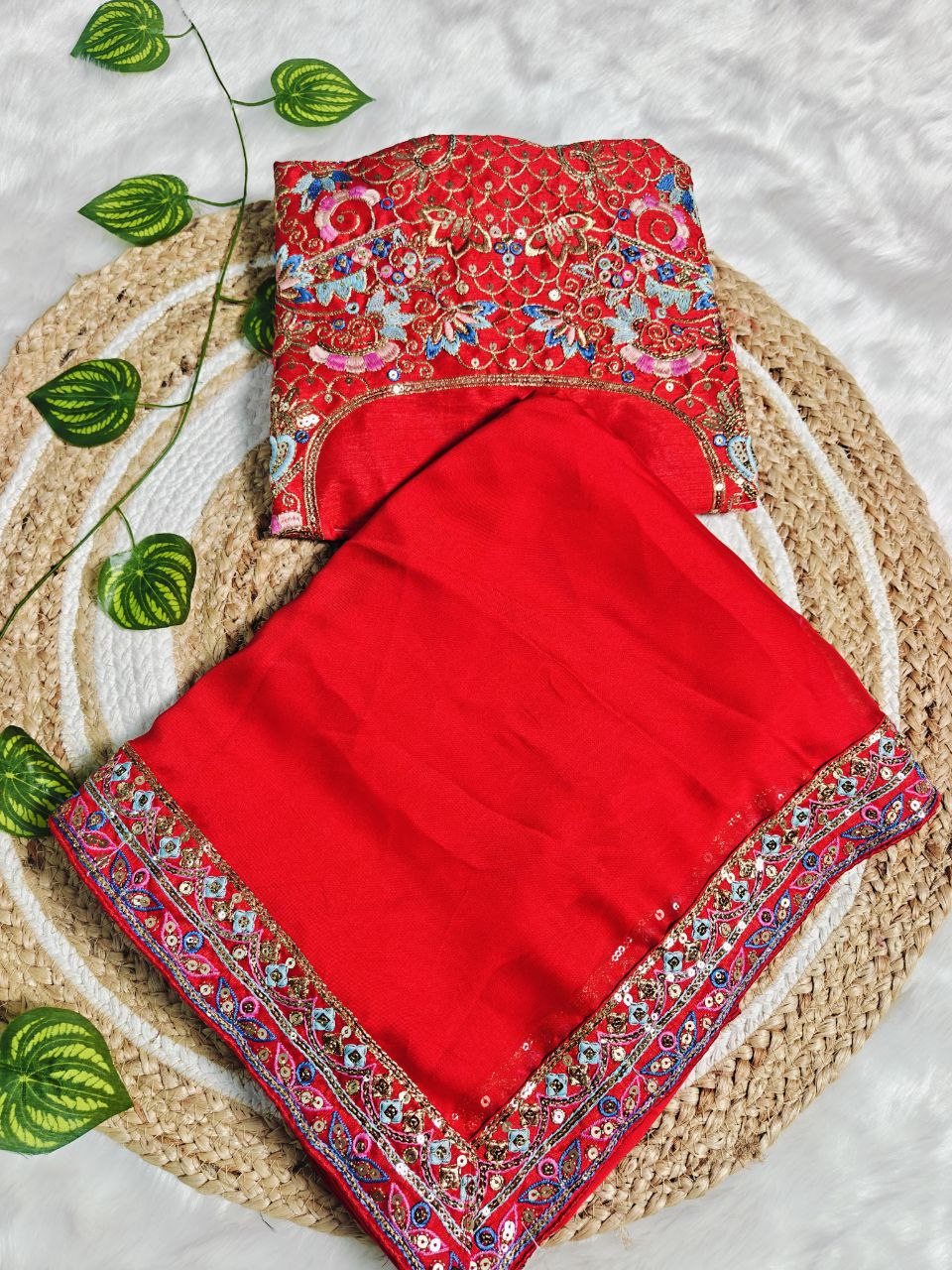new red designer party-wear saree