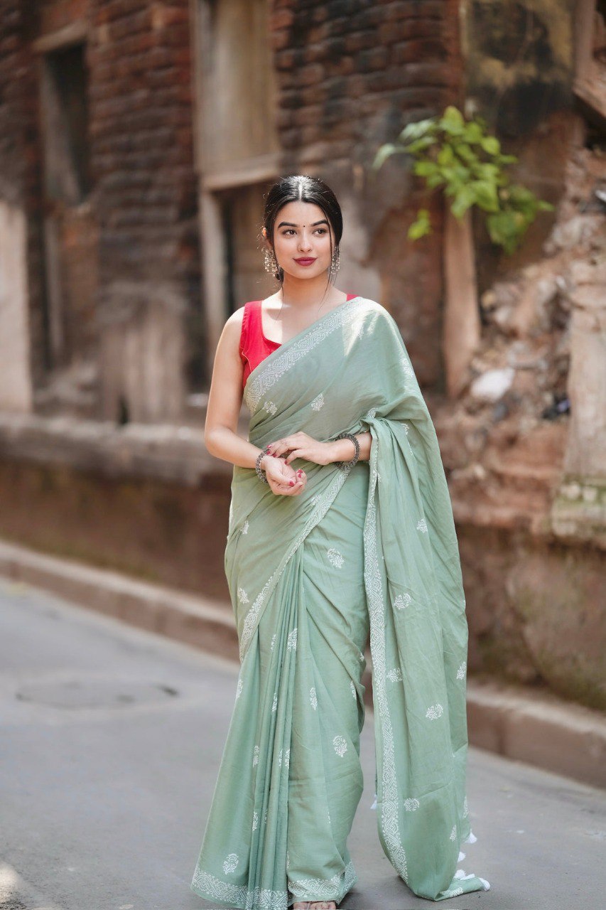 Ready to Wear Mul Cotton Saree with Pocket & Silk Blouse