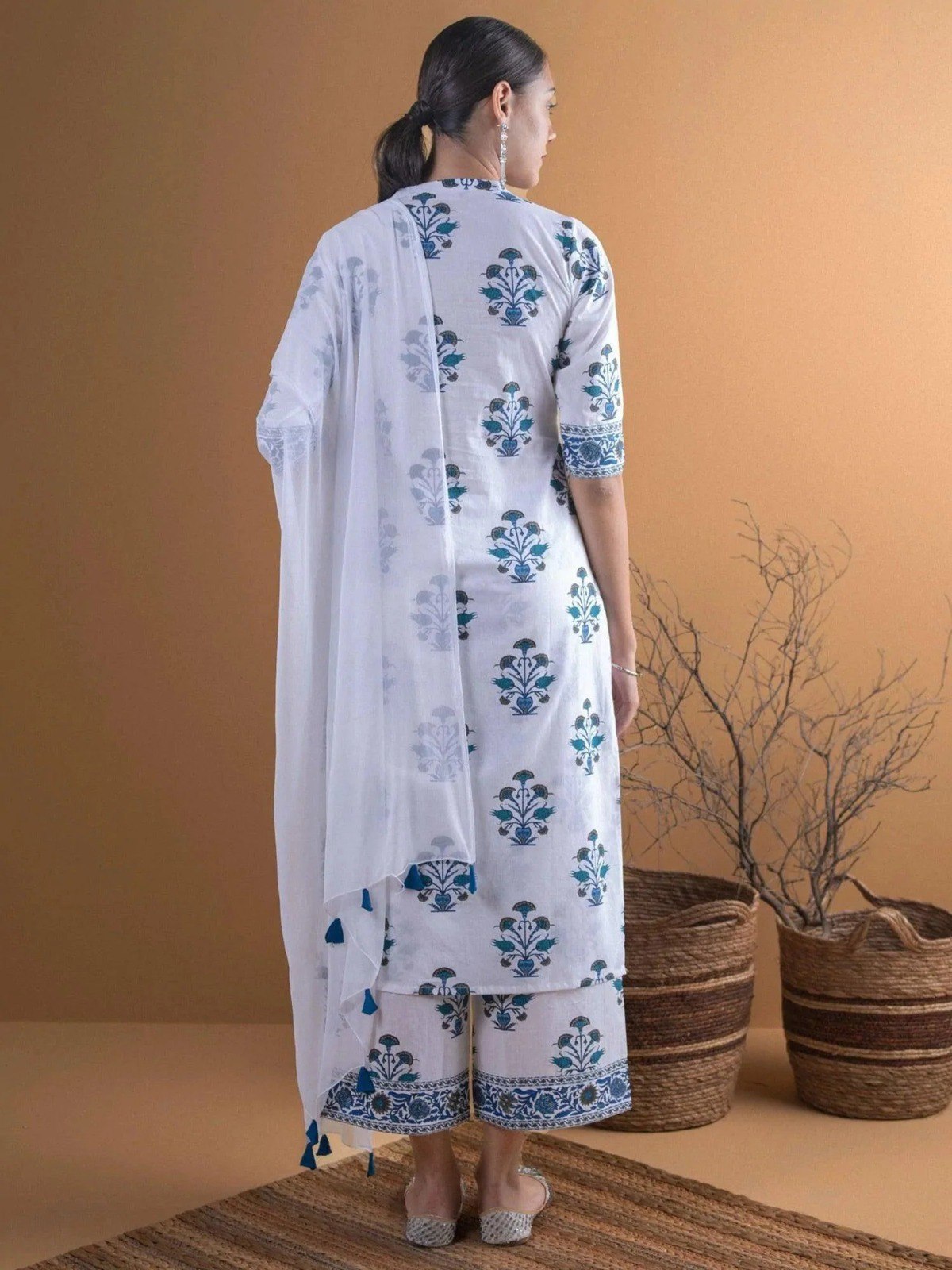 White Printed Kurti Set with Dupatta