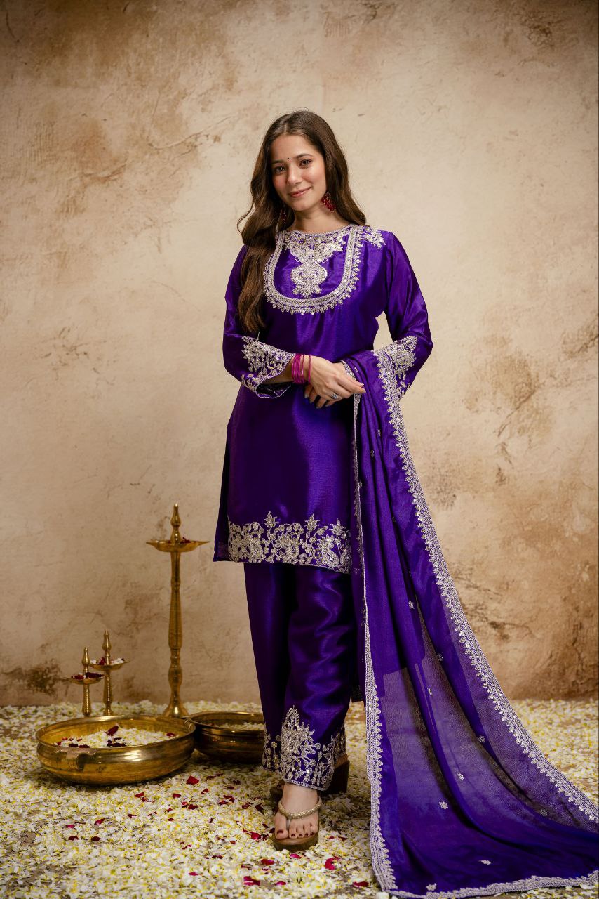 Viscose Chinon Silk Embroidered Kurti Pant Set with Viscose Silk Dupatta