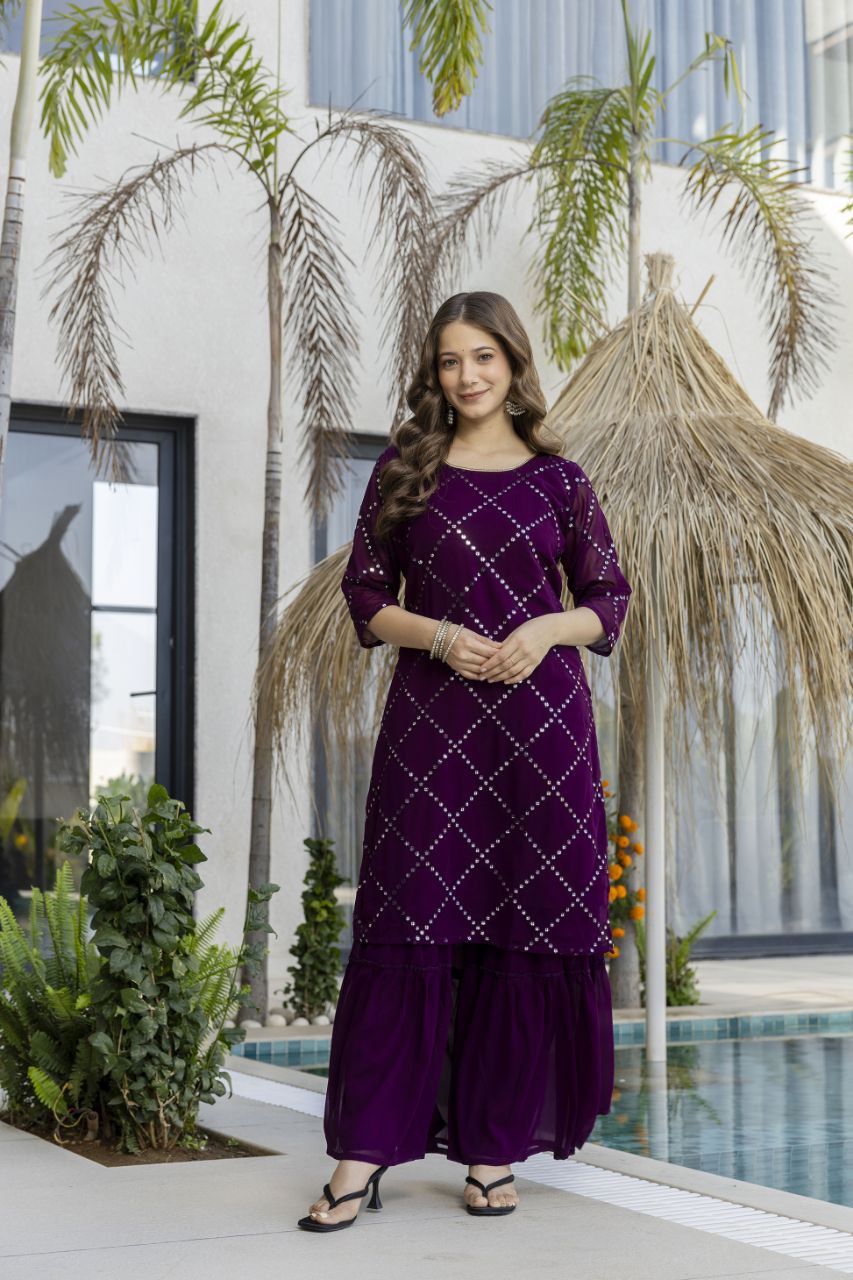 Heavy Fox Georgette Embroidered Kurti Pant Set with Georgette Dupatta
