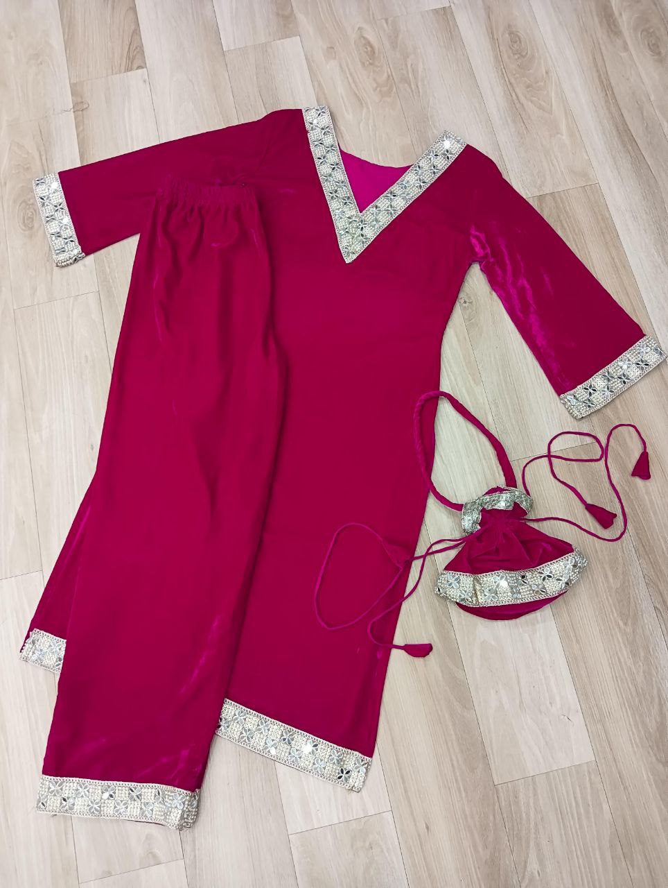 Premium Velvet Kurti Set with Mirror Work & Batwa