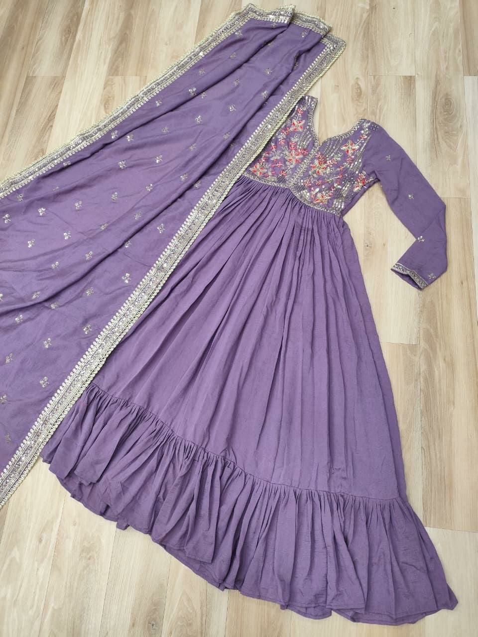 Designer Vichitra Silk Gown with Embroidered Dupatta
