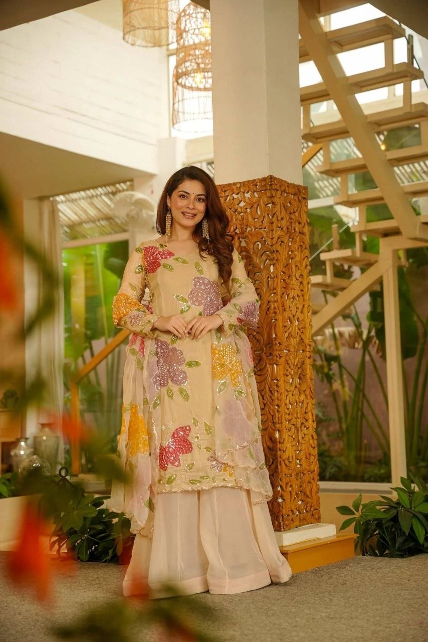 Designer Tabby Organza Kurta Set with Embroidery & Hand Print