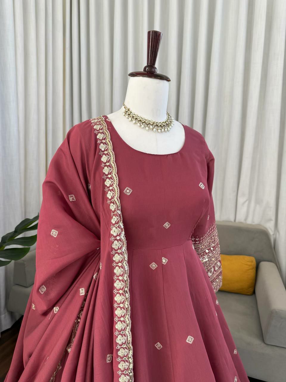 Designer Mul Chanderi Silk Gown Set with Pant & Dupatta