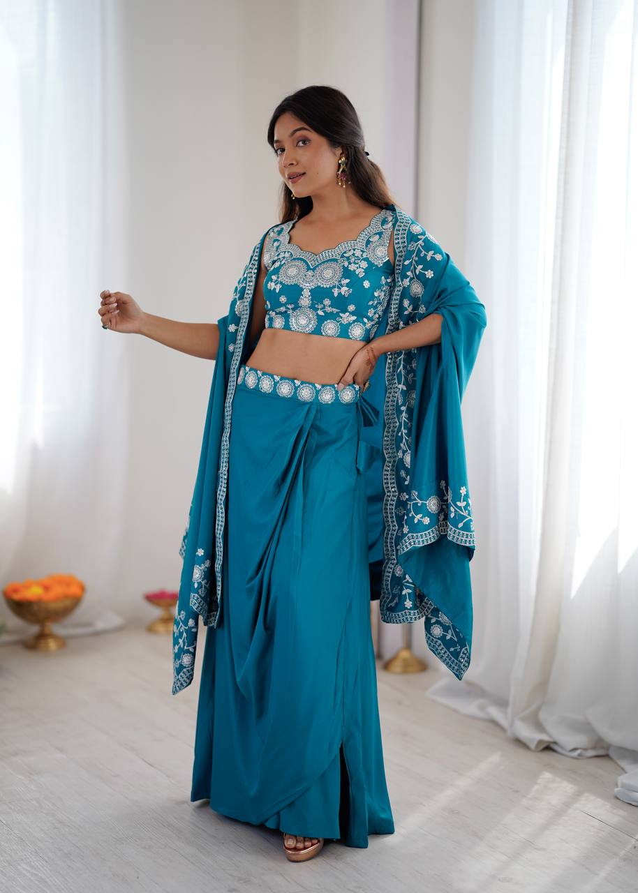 Premium Crepe Silk Dhoti Set with Shrug & Choli