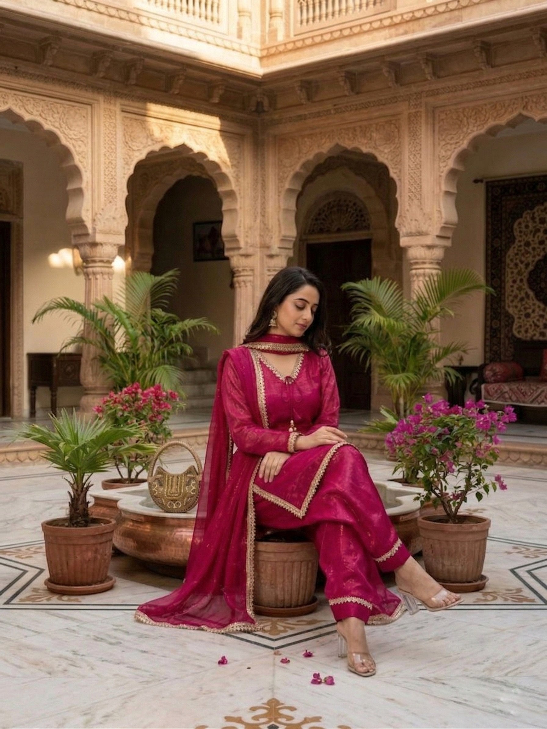 Designer Fendi Satin Mirror & Moti Work Plazo Set with Dupatta