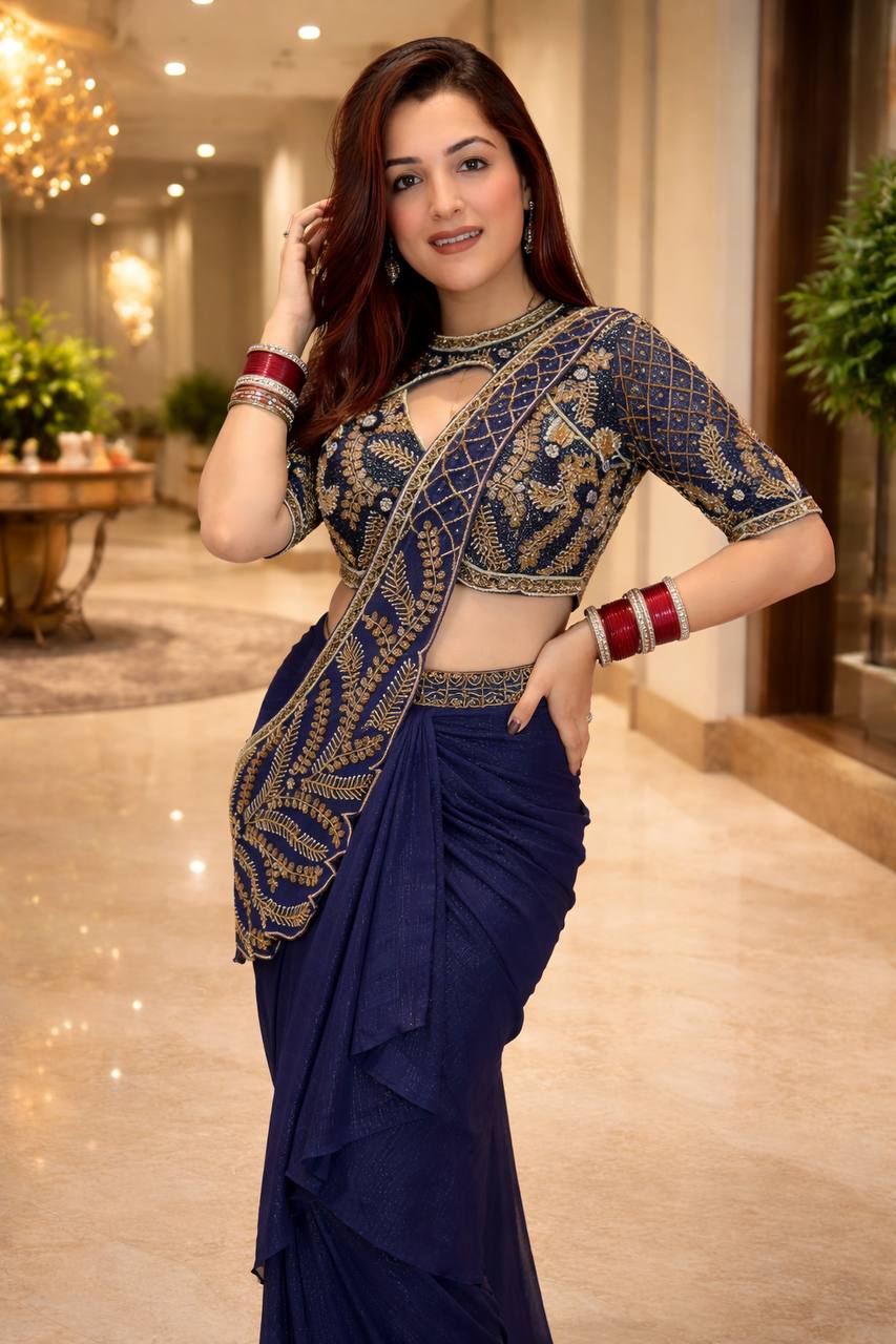 Dhoti Style Indo-Western Saree Set with Embroidery Work
