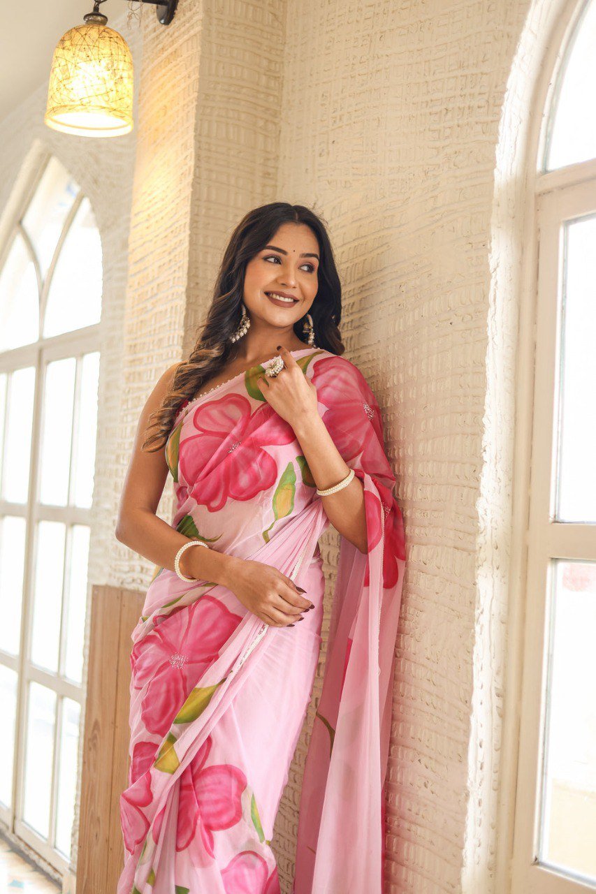 Blush Charm Pink Georgette Ready-to-Wear Saree
