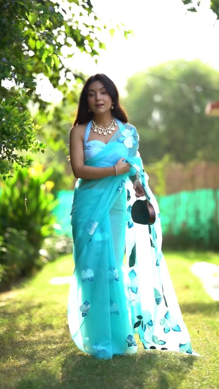 Sky Blue Organza Silk Printed Ready-to-Wear Saree with Unstitched Blouse