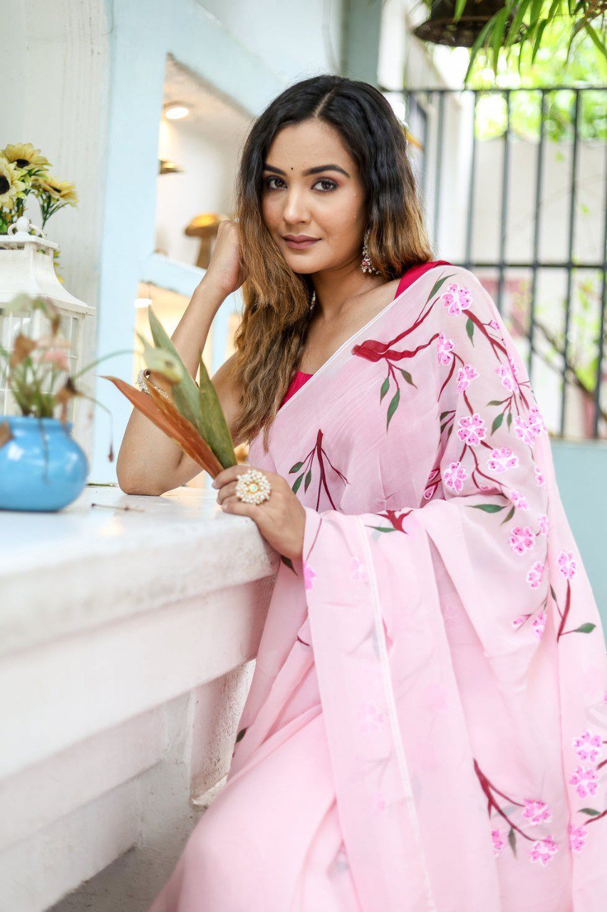 Pink Georgette Printed Ready-to-Wear Saree with Red Unstitched Blouse