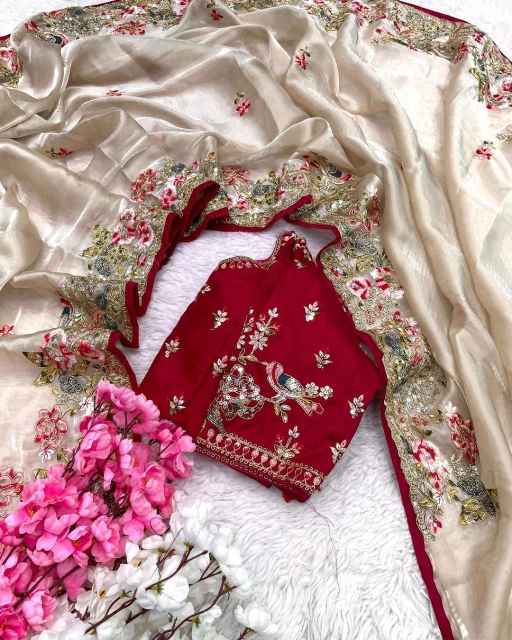 Traditional Soft Jimichu Silk Saree – Elegant Multi-Embroidery Work