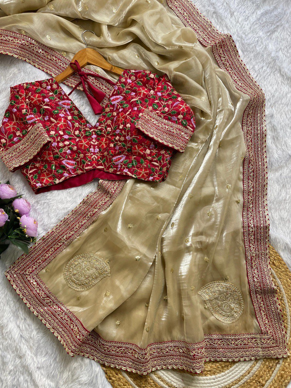 Designer Maroon Jimichu Silk Saree with Heavy Embroidery Work