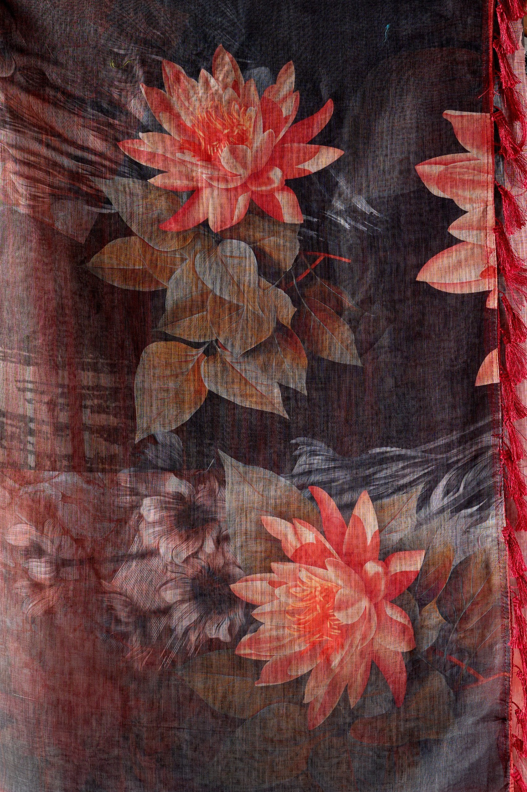 Rustic Elegance Dark Floral Linen Cotton Saree