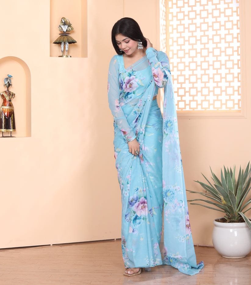 Sky Blue Serenity Georgette Printed Saree