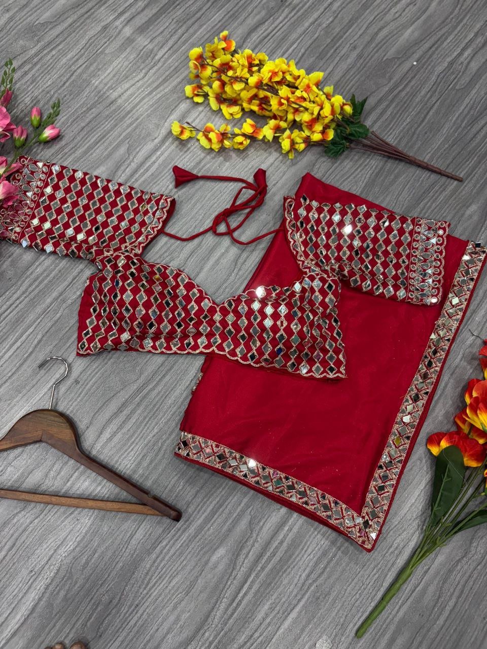 Premium French Crape Silk Saree with Heavy Real Mirror Work & Designer Blouse
