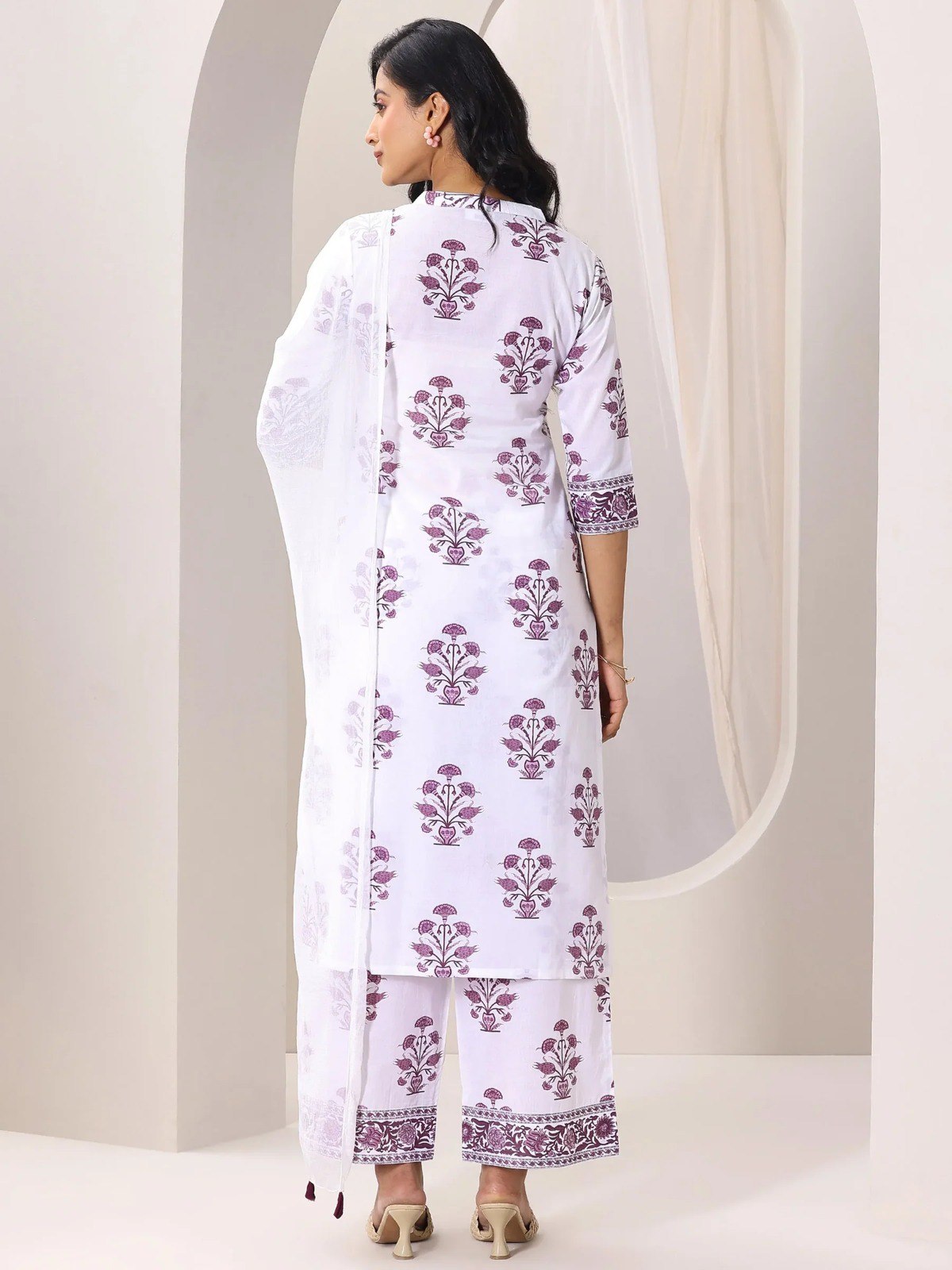 White Printed Kurti Set with Dupatta