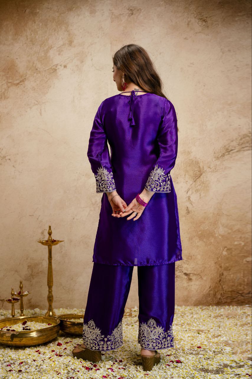 Viscose Chinon Silk Embroidered Kurti Pant Set with Viscose Silk Dupatta