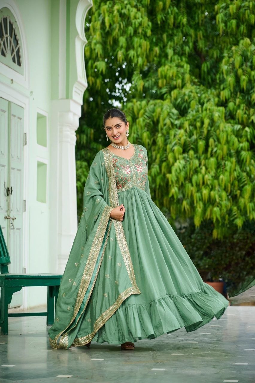 Designer Vichitra Silk Gown with Embroidered Dupatta