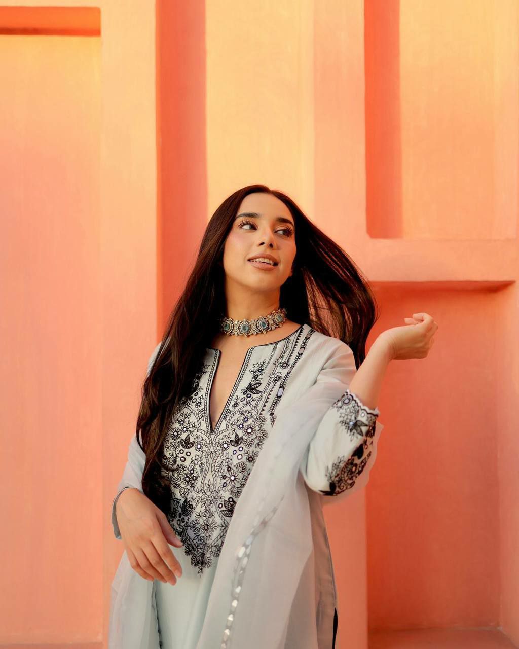 Elegant Georgette Foil Work Kurti Set with Dupatt