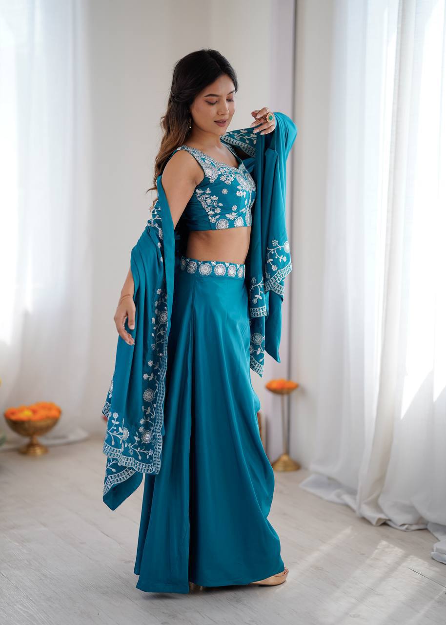 Premium Crepe Silk Dhoti Set with Shrug & Choli