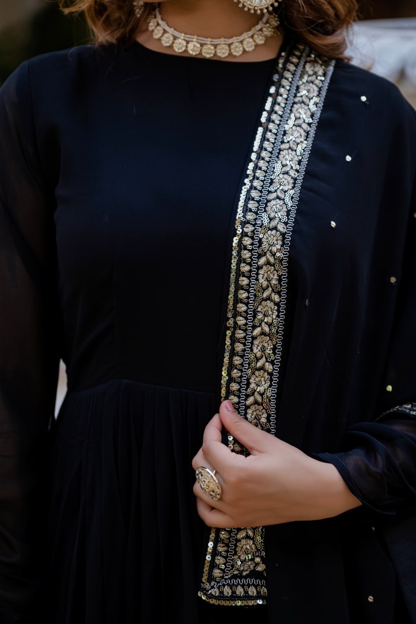 Black Faux Blooming Embroidered Gown with Dupatta – Designer Party Wear