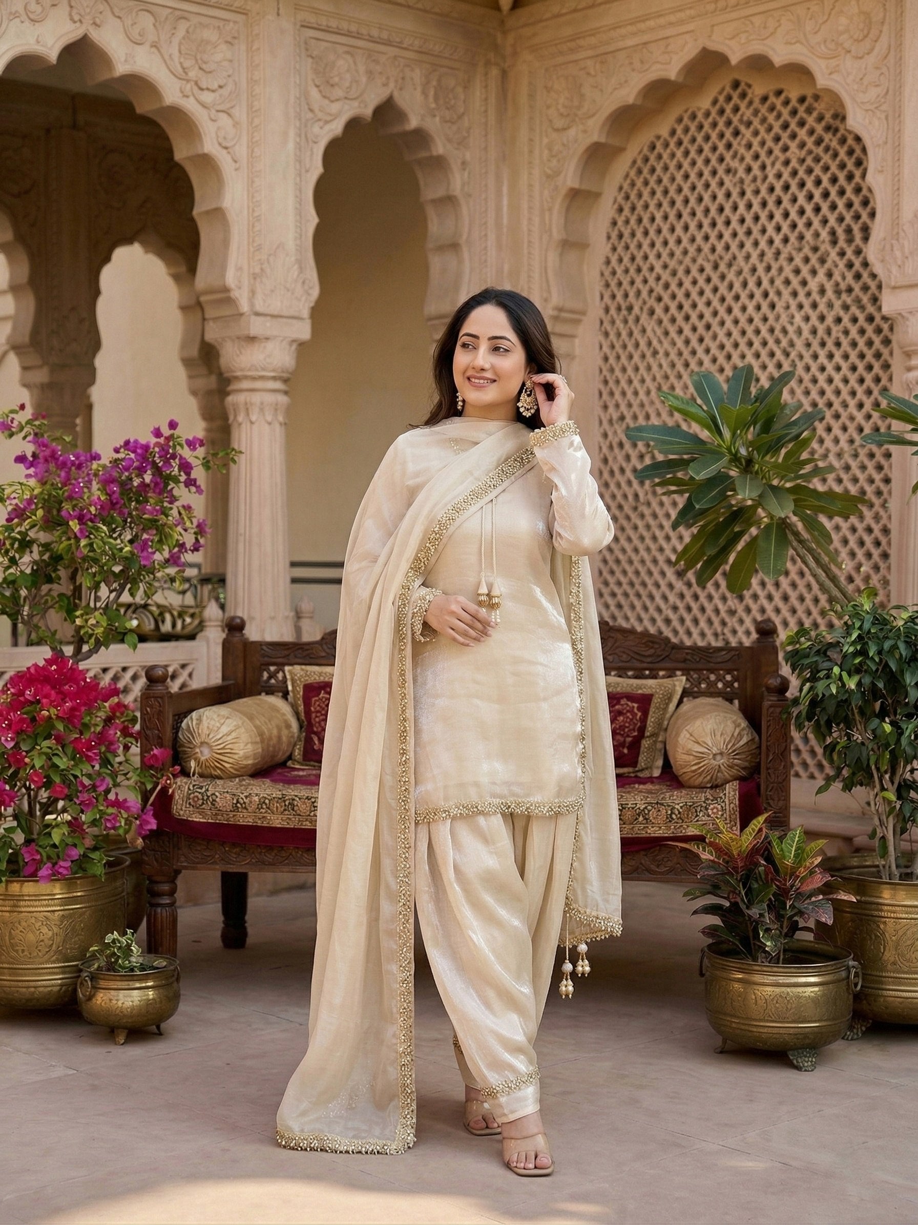 Designer Fendi Satin Mirror & Moti Work Plazo Set with Dupatta