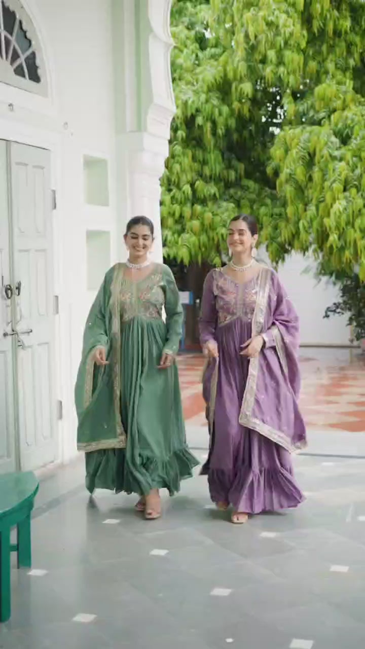 Designer Vichitra Silk Gown with Embroidered Dupatta