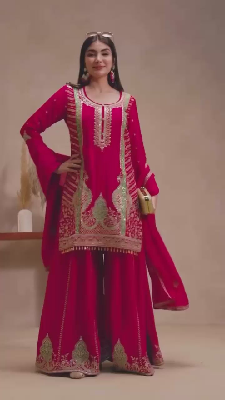 Heavy Chinon Silk Sequence Embroidered Kurti Sharara Set with Dupatta