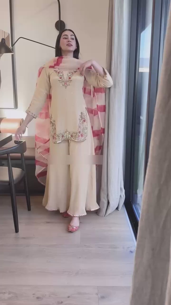 Elegant Crepe Silk Embroidered Kurti Set with Palazzo & Organza Dupatta