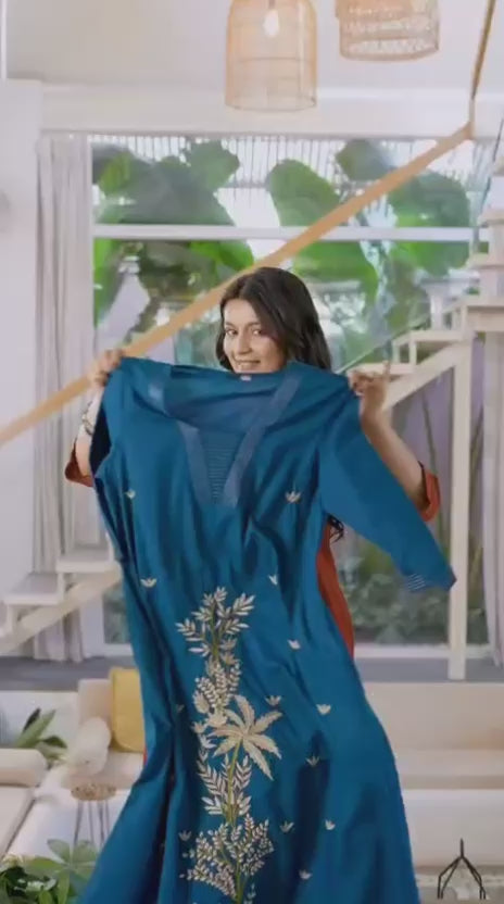 Exclusive A-Line Kurta Palazzo Set with Floral Embroidery