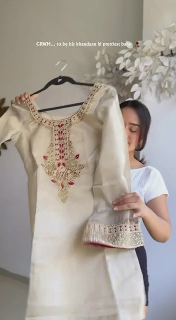 Elegant Organza Embroidered Kurti Set with Farshi Pant & Printed Dupatta