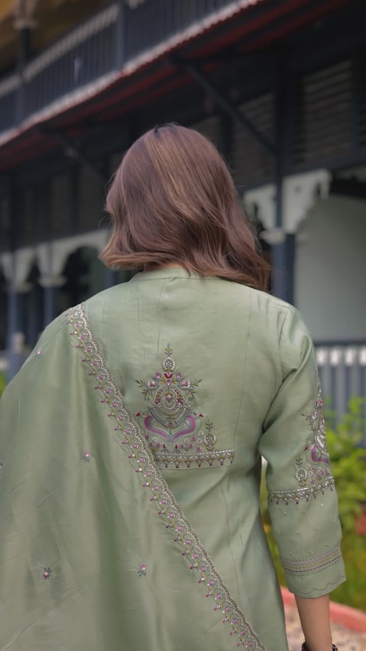 Heavy Muslin Silk Embroidered Kurti Pant Set with Chanderi Dupatta