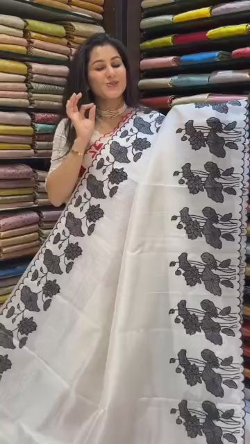 Heavy Handloom Tussar Silk Tulips Digital Print Saree with Arco Border