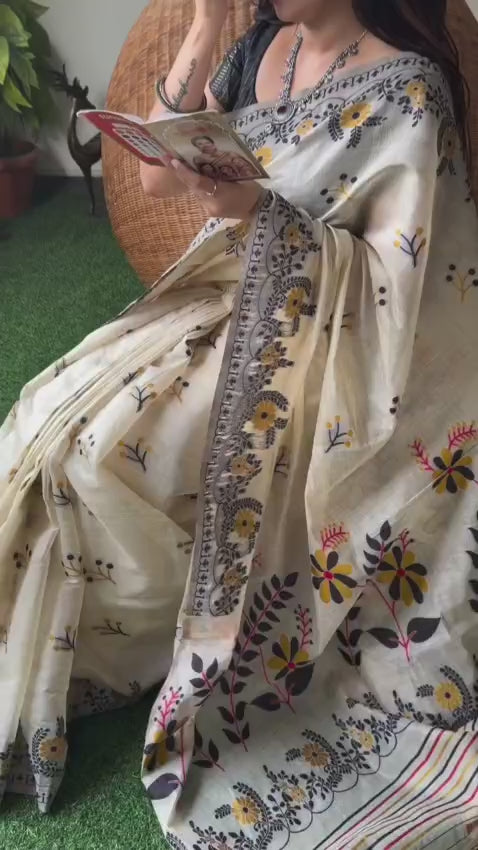 Heavy Linen Blooming Floral Digital Print Saree with Motif Tassels