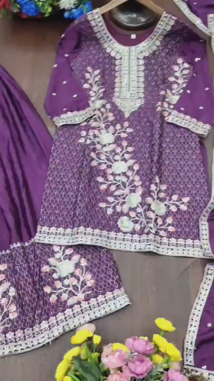 Chinon Embroidered Kurti Sharara Set with Dupatta