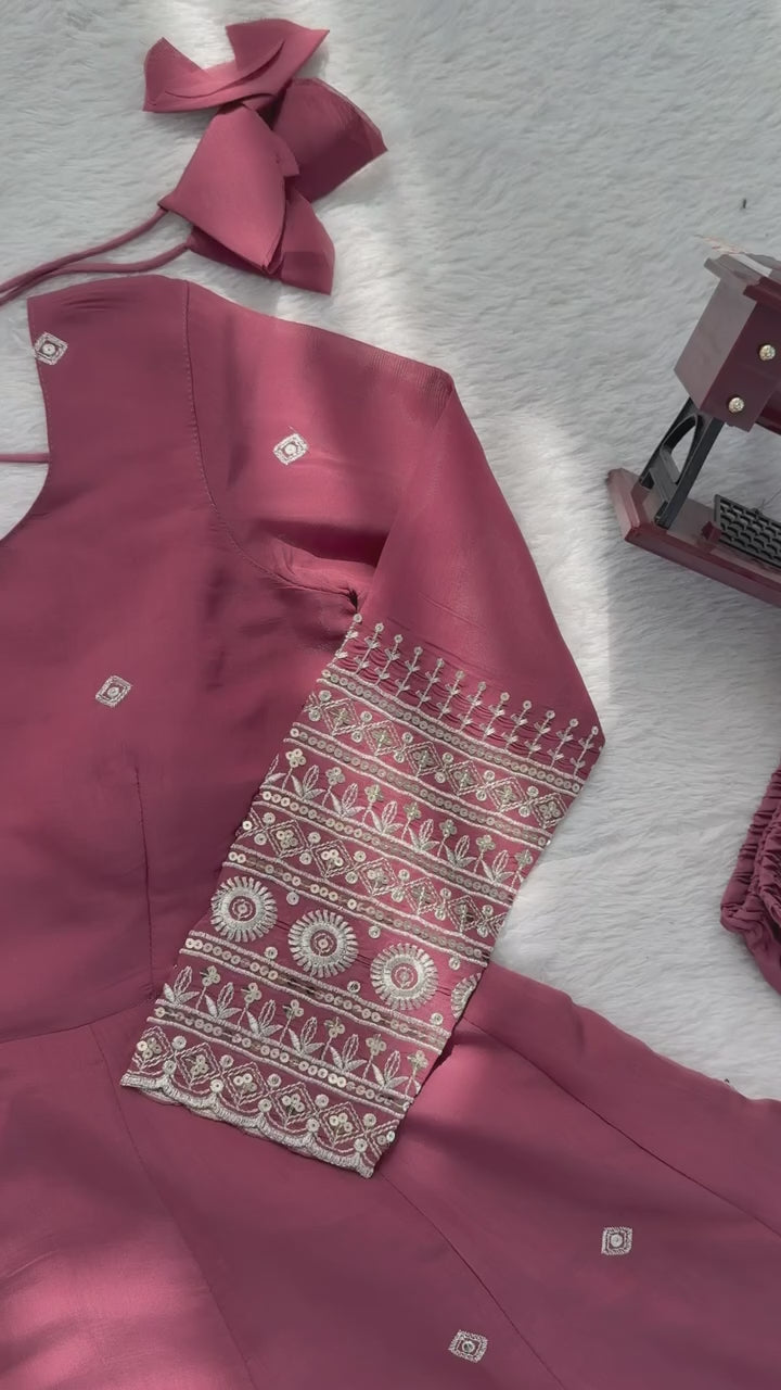 Designer Mul Chanderi Silk Gown Set with Pant & Dupatta