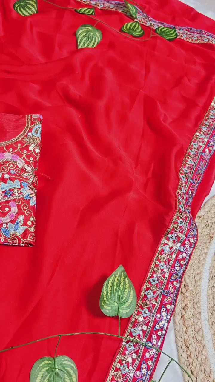new red designer party-wear saree